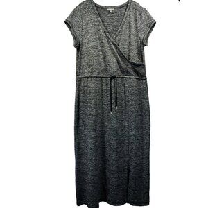 T by‎ Talbots Women's Dress XL Black Heathered Faux Wrap Cap Sleeve Stretch Slit